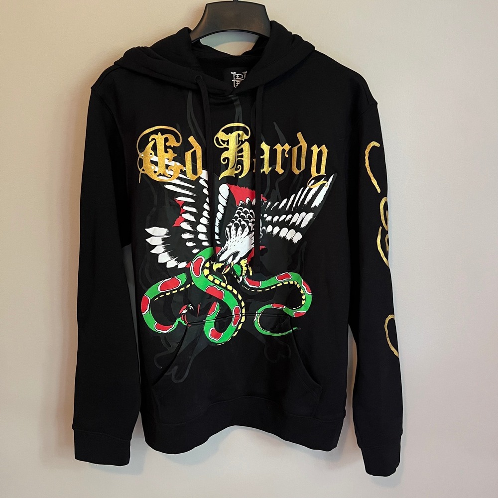 Ed Hardy Eagle Snake Graphic Hoodie Black Gold Foil Y2K Tattoo Maximalist Edgy